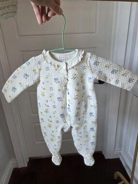 Laura Ashley Quilted Floral Footed One-Piece in White with Yellow & Blue